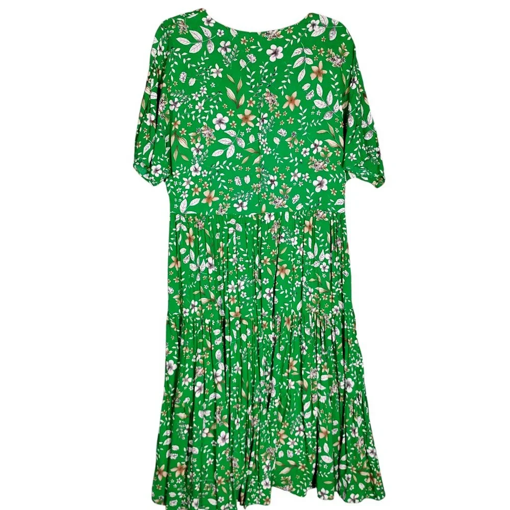 Zara Tiered Floral Green Dress Size Medium V Neck Short Sleeve Pullover - Picture 6 of 11